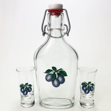 Juego vector - 1x grande botella + 2x Vaso de chupito transparente con motivo de ciruelas