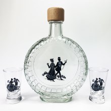Set 1x vidrio botella cuadrado y 2x Vaso de chupito transparente con un motivo de pareja