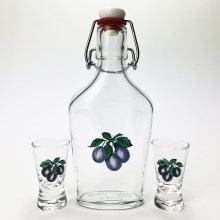 Set 1x vidrio botella y 2x Vaso de chupito transparente con motivo de ciruelas