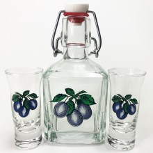 Set 1x vidrio botella y 2x Vaso de chupito transparente con motivo de ciruelas