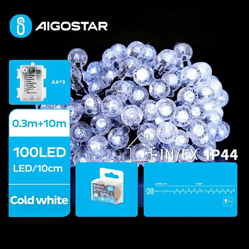 Aigostar - Cadena de navidad LED para exteriores 100xLED/3xAA/8 funciones 10,3 m IP44 blanco frío