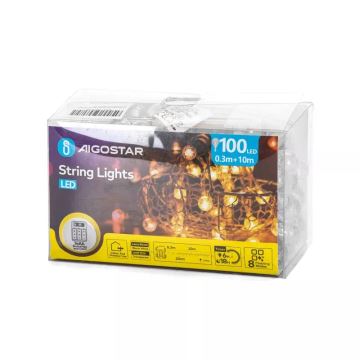 Aigostar - Cadena LED navideña exterior 100xLED/3xAA/8 funciones 10,3 m IP44 blanco cálido