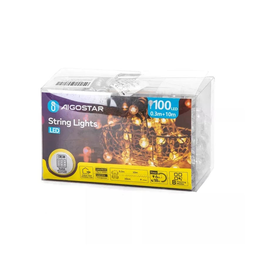 Aigostar - Cadena LED navideña exterior 100xLED/3xAA/8 funciones 10,3 m IP44 blanco cálido