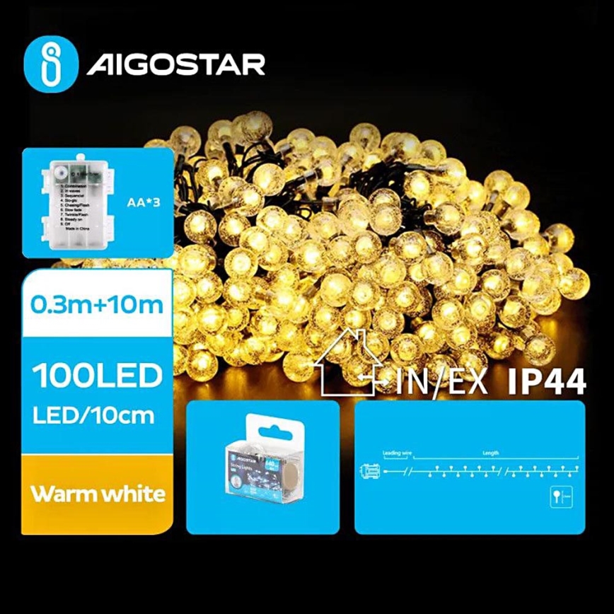 Aigostar - Cadena LED navideña exterior 100xLED/3xAA/8 funciones 10,3 m IP44 blanco cálido