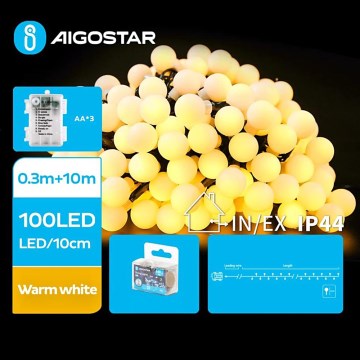 Aigostar - Cadena LED navideña exterior 100xLED/3xAA/8 funciones 10,3 m IP44 blanco cálido