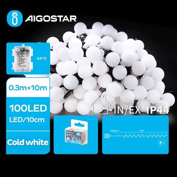 Aigostar - Cadena LED navideña exterior 100xLED/3xAA/8 funciones 10,3 m IP44 blanco frío