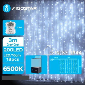 Aigostar - Cadena LED navideña exterior 200xLED/8 funciones 3xAA 5x2m IP44 blanco frío