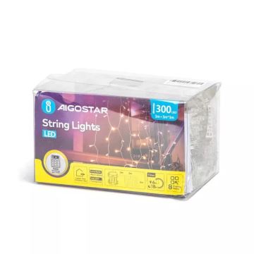 Aigostar - Cadena LED navideña exterior 300xLED/8 funciones 3xAA 6x2m IP44 blanco cálido