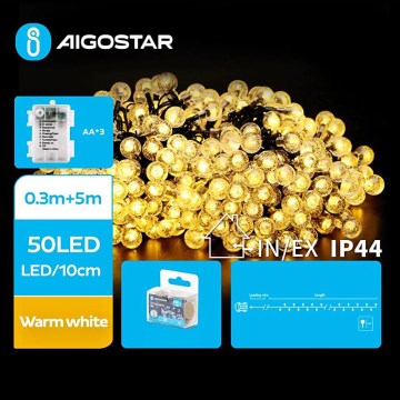 Aigostar - Cadena LED navideña exterior 50xLED/3xAA/8 funciones 5,3 m IP44 blanco cálido