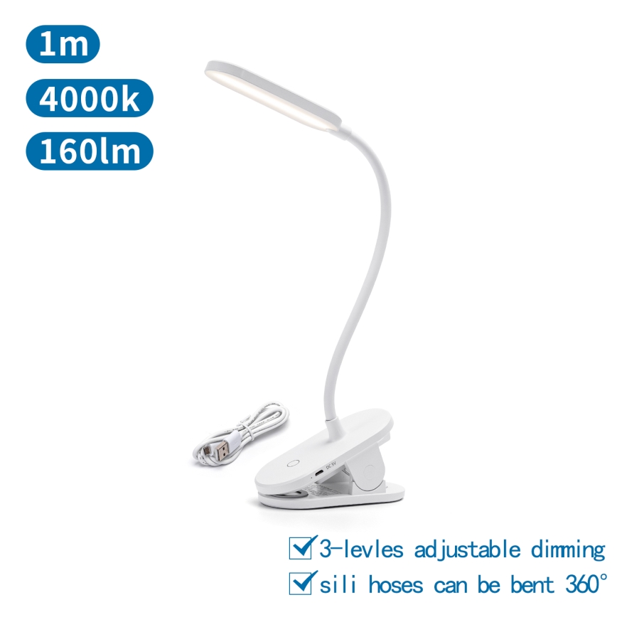 Aigostar - LED Lámpara de mesa recargable con dimmer con clip LED/2,5W/5V 1200mAh blanco