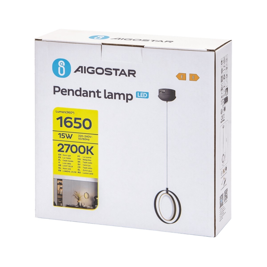 Aigostar - Lámpara LED colgante LED/15W/230V 2700K negro