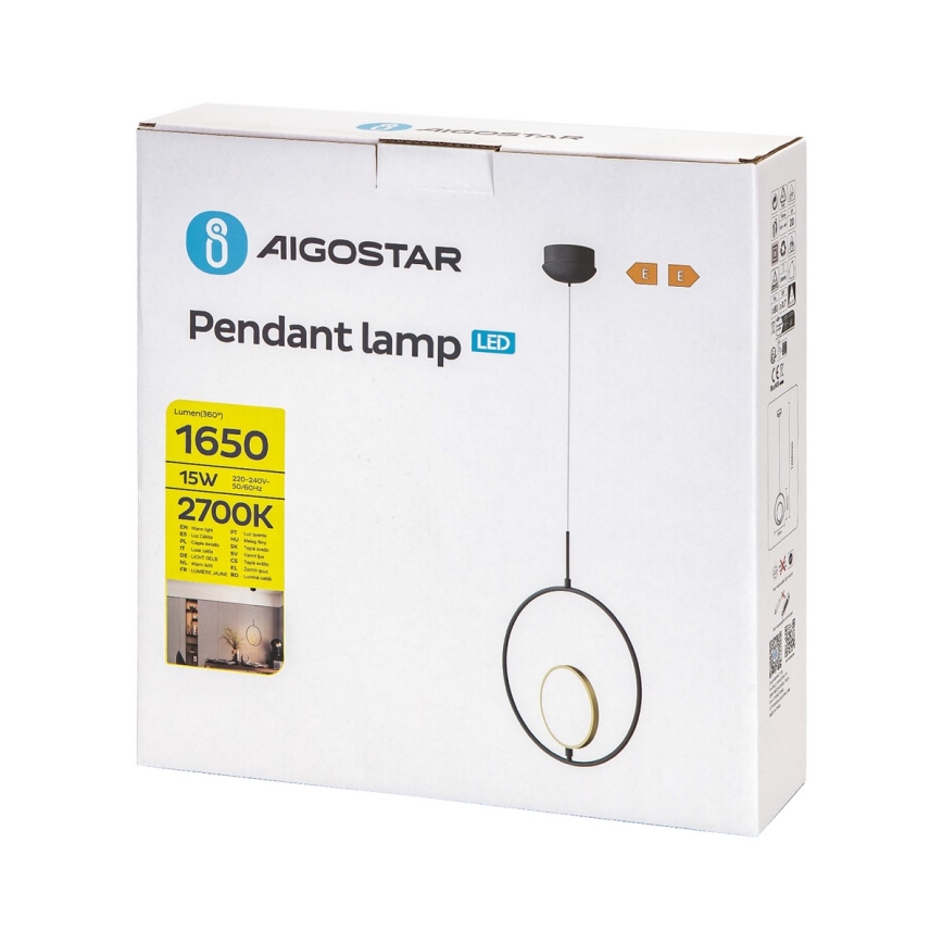 Aigostar - Lámpara LED colgante LED/15W/230V 6500K negro/dorado