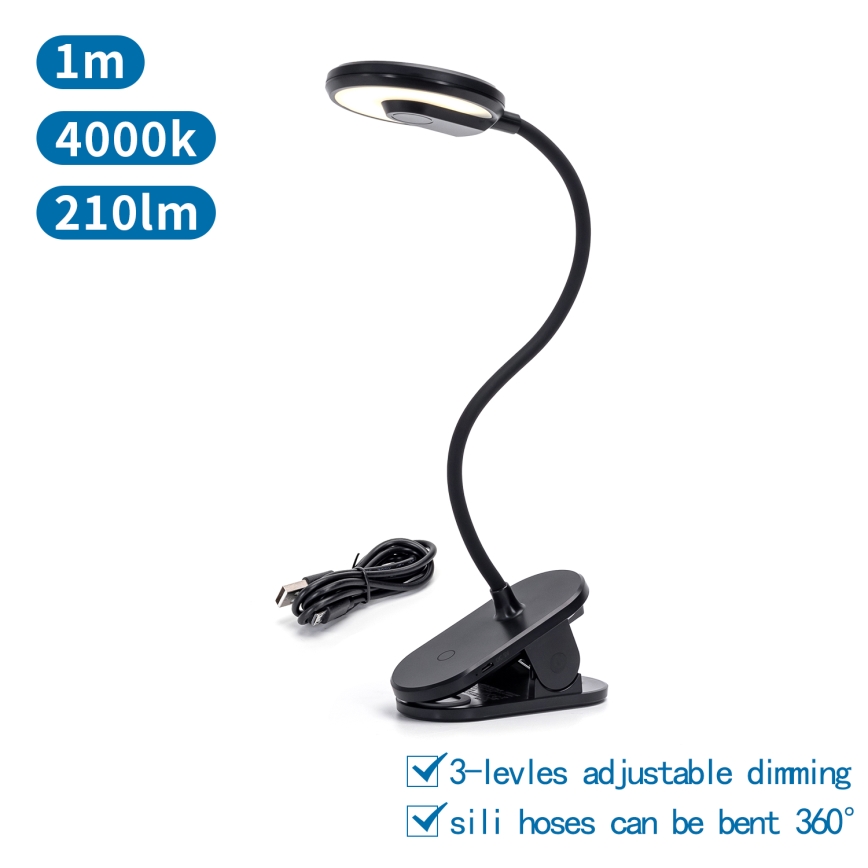 Aigostar - LED Lámpara de mesa recargable con dimmer con clip LED/3W/5V 1800mAh negro