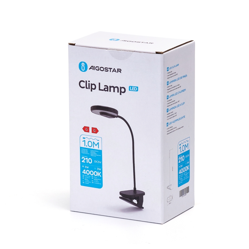 Aigostar - LED Lámpara de mesa recargable con dimmer con clip LED/3W/5V 1800mAh negro