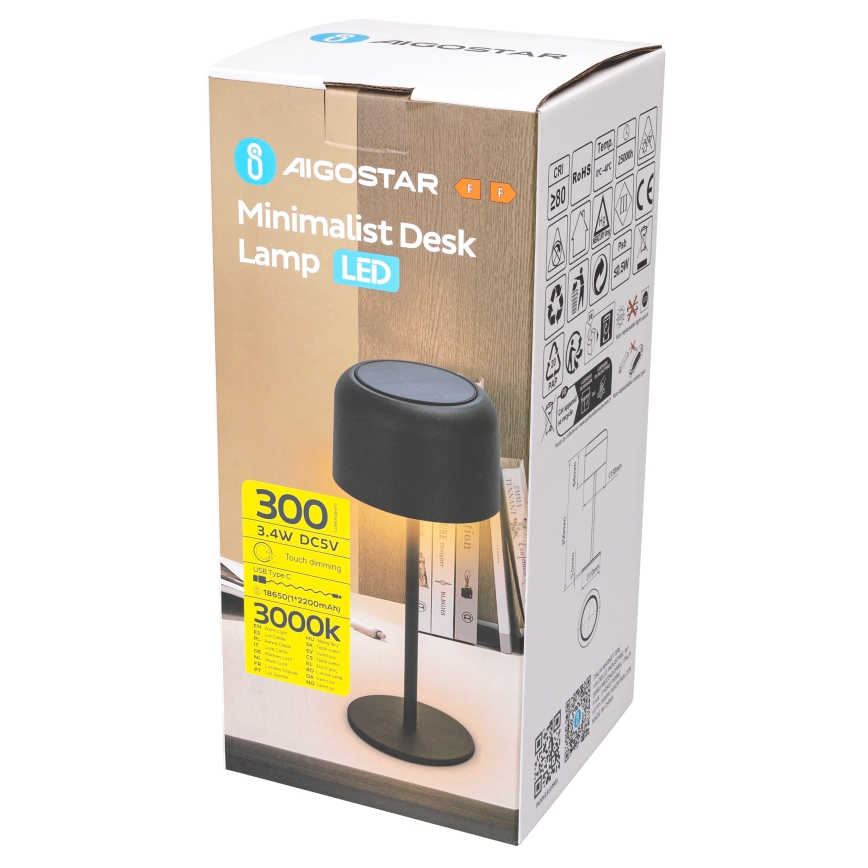 Aigostar - Lámpara de mesa LED solar regulable y recargable LED/3W/5V 2200mAh negro IP54