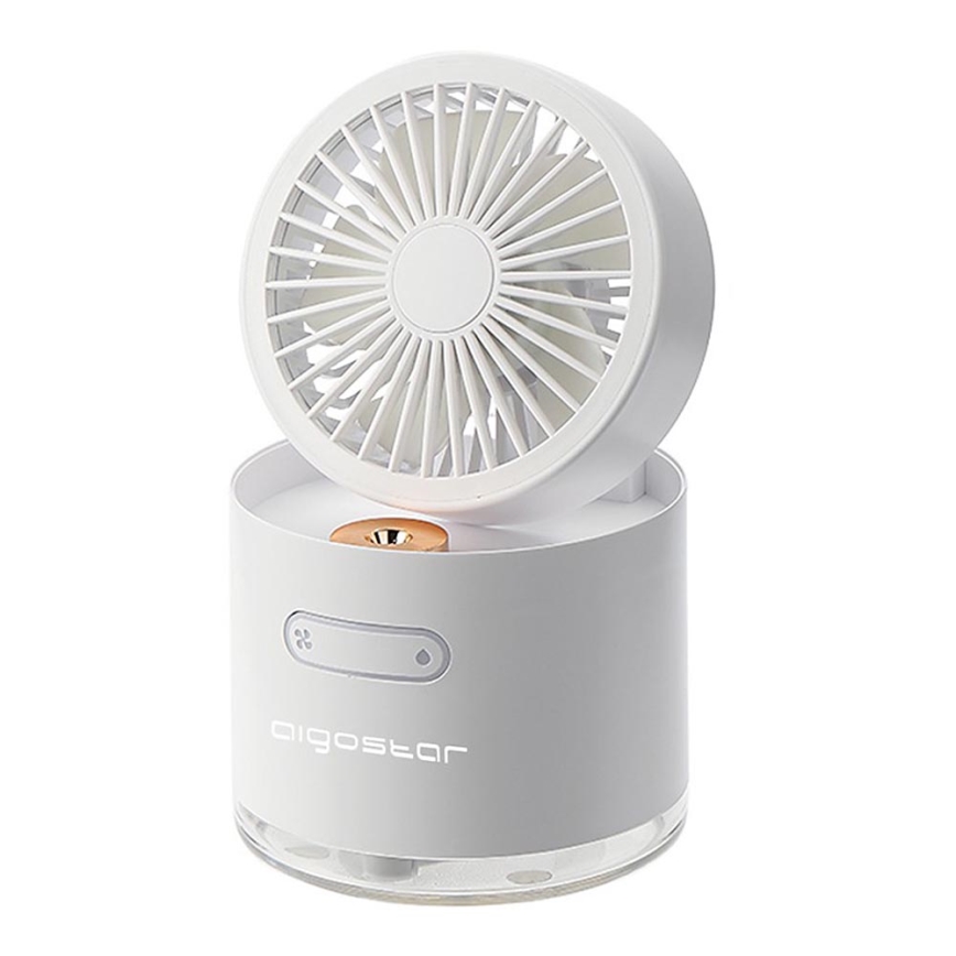 Aigostar - Mini ventilador de mesa inalámbrico con humidificador 10W/5V blanco