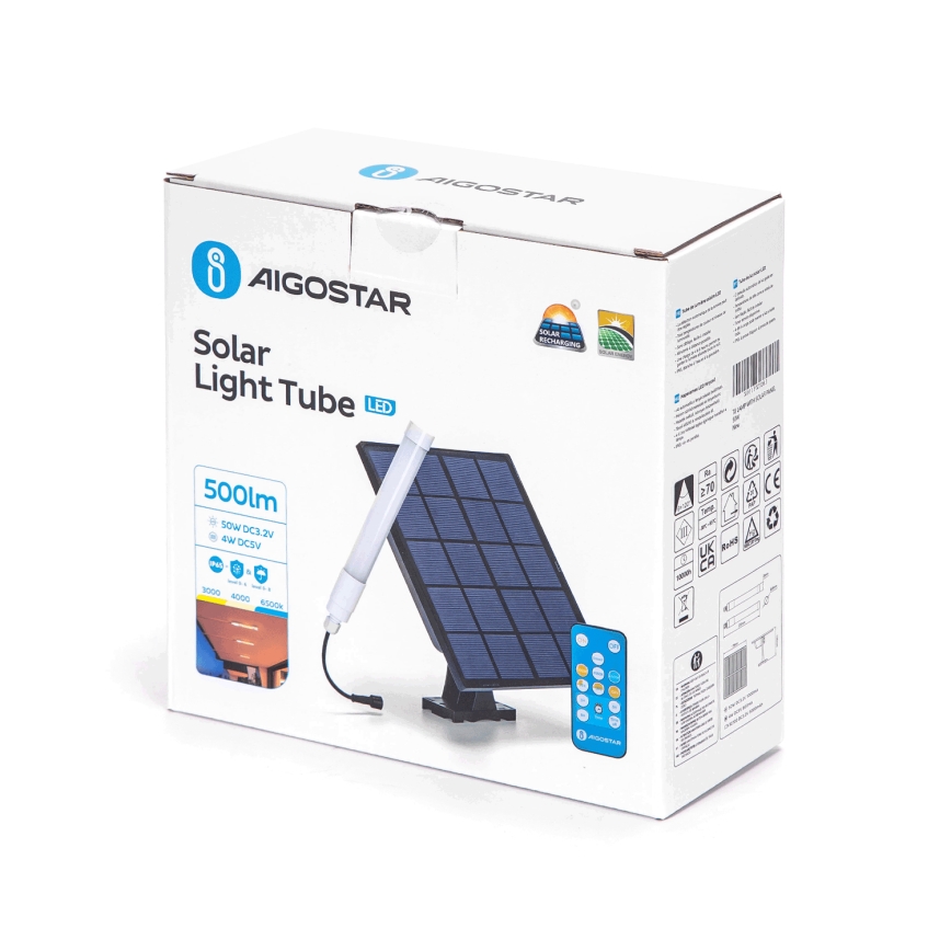 Aigostar - Tubo LED regulable con panel solar LED/3,2V 3000K/4000K/6500K IP65 + mando a distancia