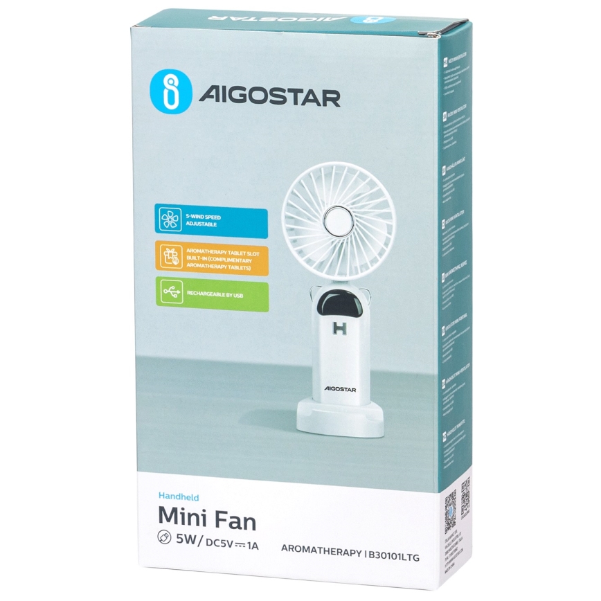 Aigostar - Ventilador de mano recargable 4W/5V 1200mAh blanco