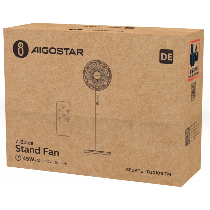 Aigostar - Ventilador de pie 45W/230V blanco + control remoto