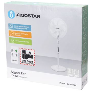 Aigostar - Ventilador de pie 60W/230V blanco + control remoto