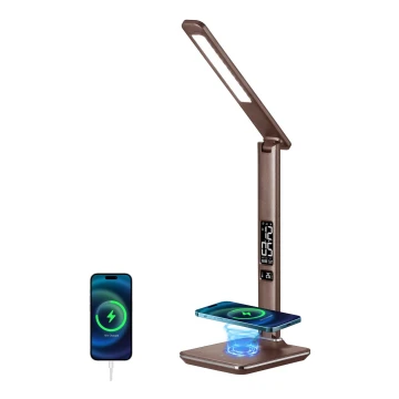 Brilagi - Lámpara de mesa LED regulable con cargador inalámbrico QI y USB REGINA LED/8,5W/230V marrón