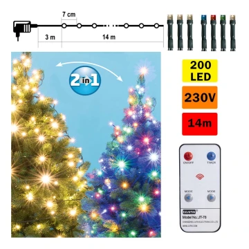 Cadena LED de Navidad para exteriores 200xLED 17m IP44 blanco cálido/multicolor + mando a distancia