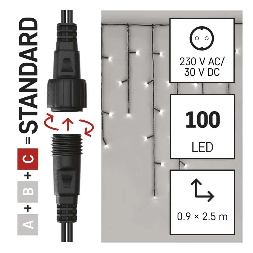 Cadena LED navideña exterior 100xLED/2,5x0,9m IP44 blanco frío