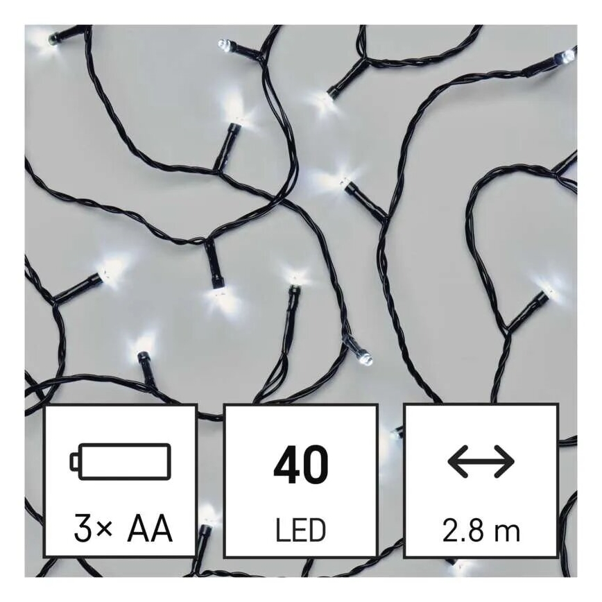 Cadena LED navideña exterior 40xLED/3xAA 3,3m IP44 blanco frío