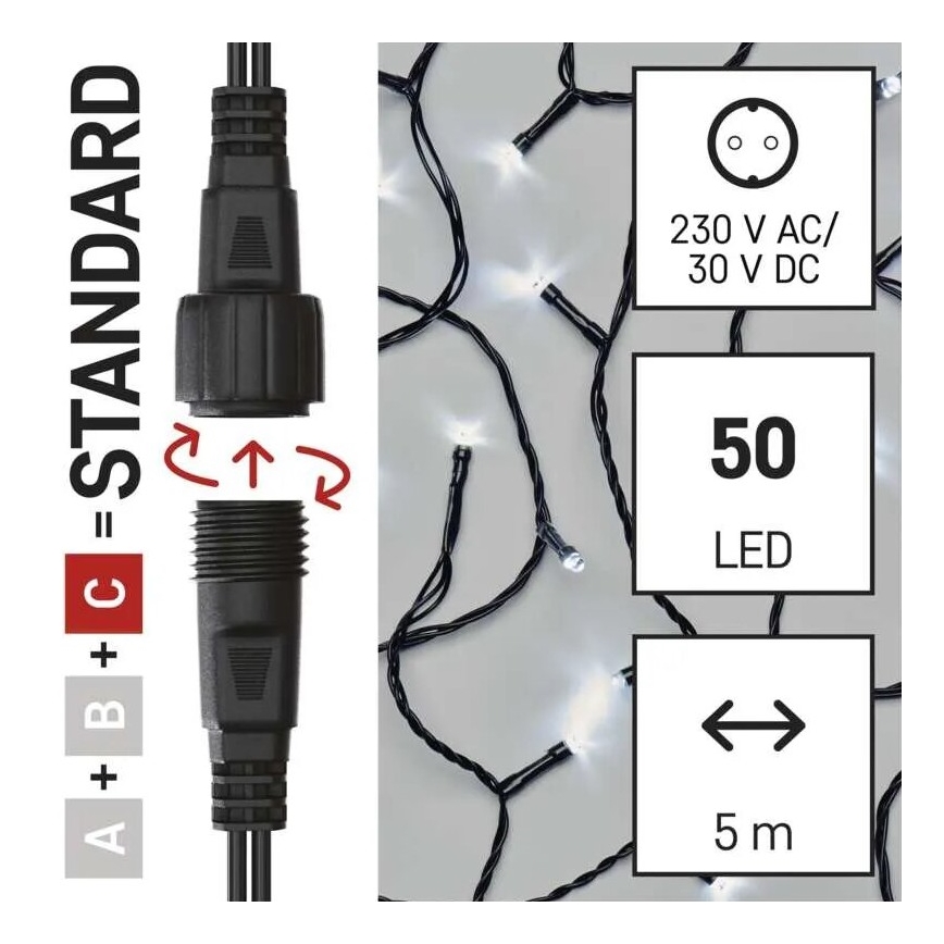 Cadena LED navideña exterior 50xLED/5m IP44 blanco frío