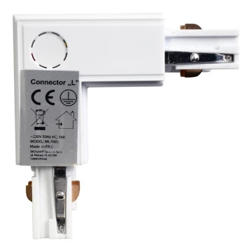 Conector trifásico para lámparas en el sistema de rieles TRACK blanco tipo L
