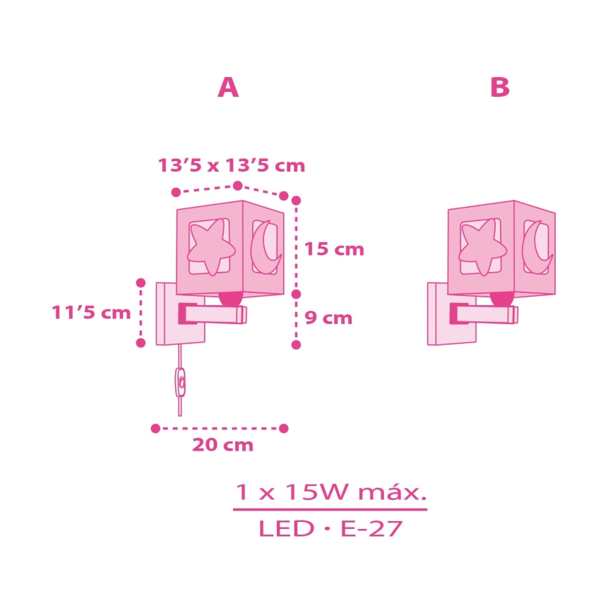 Dalber 63239S - Aplique infantil MOONLIGHT 1xE27/15W/230V rosa