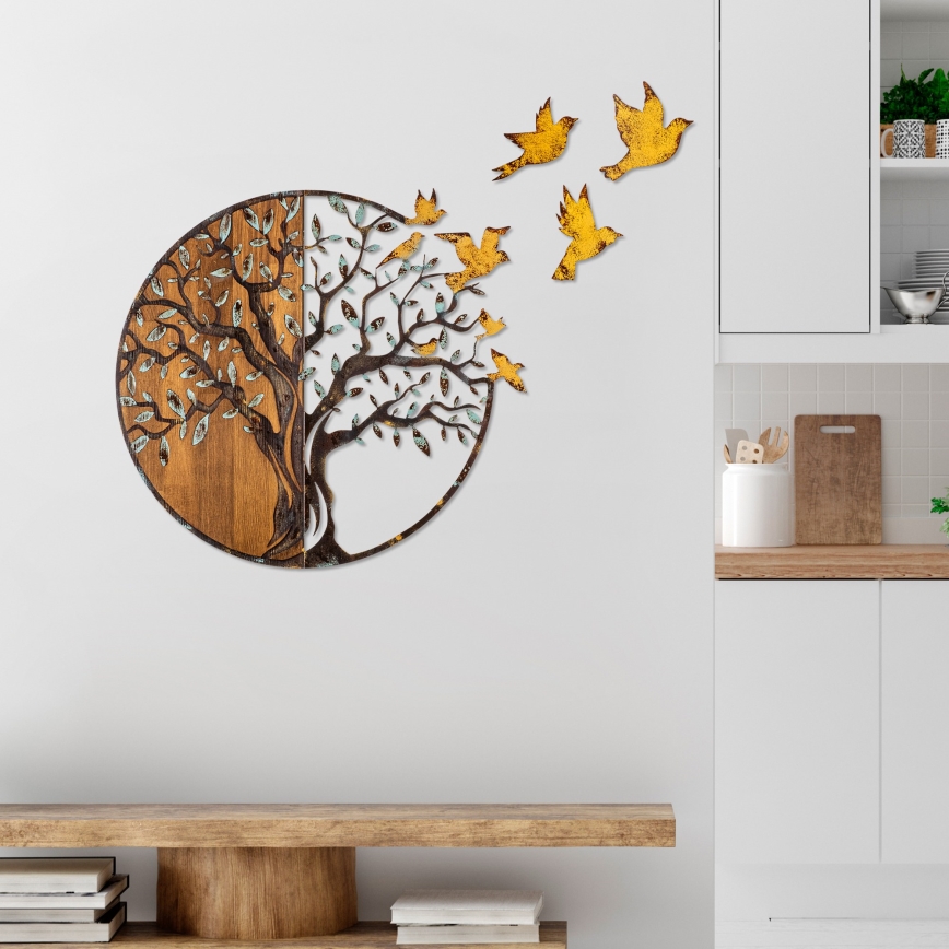 Decoración de pared 92x71 cm árbol y pájaros madera/metal