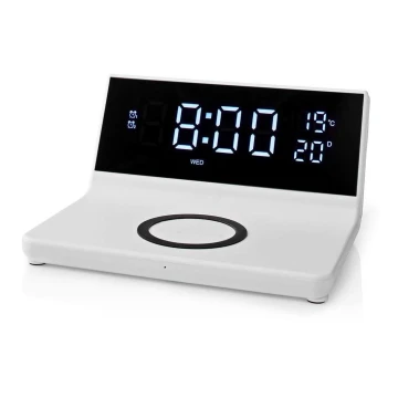 Despertador con pantalla LCD y cargador inalámbrico 15W/230V blanco