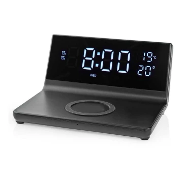 Despertador con pantalla LCD y cargador inalámbrico 15W/230V negro