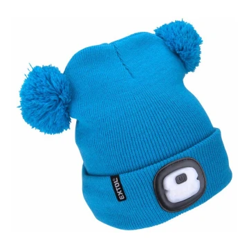 Extol - Gorra con linterna frontal y carga USB 250 mAh azul con pompones talla infantil