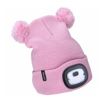 Extol - Gorra con linterna frontal y carga USB 250 mAh rosa con pompón talla infantil