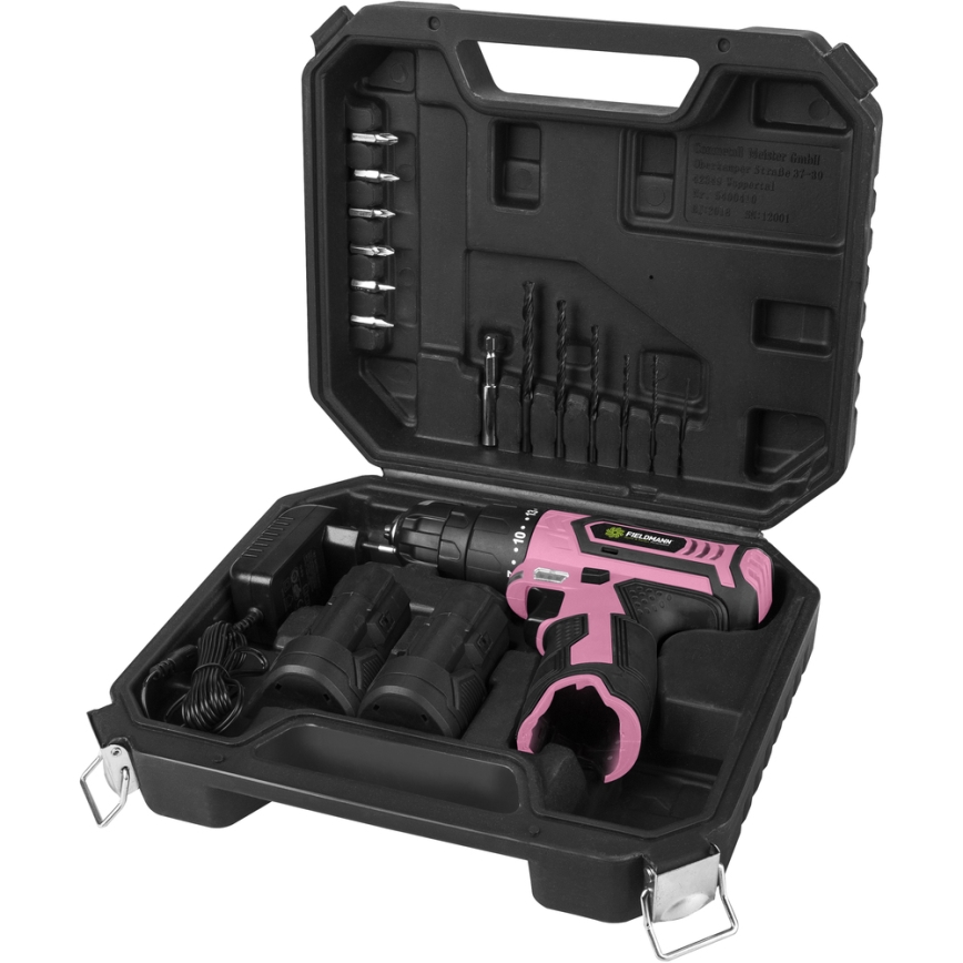 Fieldmann - Taladro sin cable con accesorios 12V 1300 mAh rosa/negro