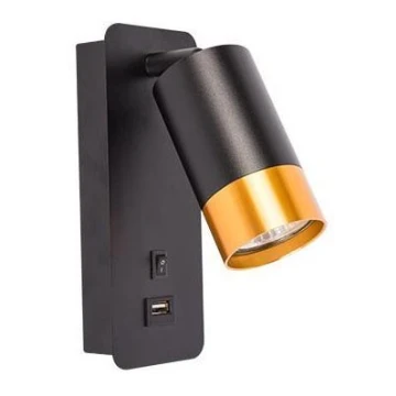 Foco de pared con cargador USB 1xGU10/35W/230V negro/dorado