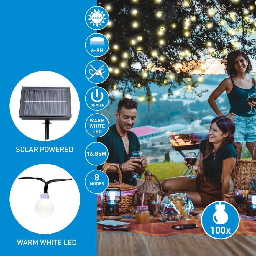 Grundig - Cadena solar LED 100xLED/8 funciones 16,85m blanco cálido