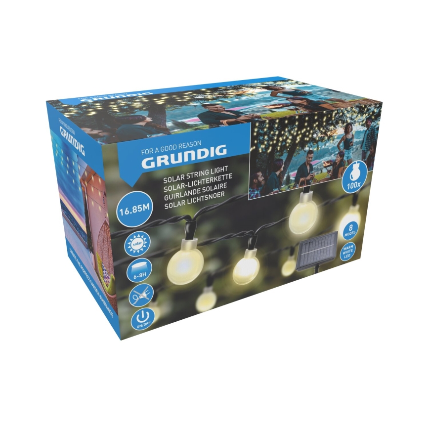 Grundig - Cadena solar LED 100xLED/8 funciones 16,85m blanco cálido