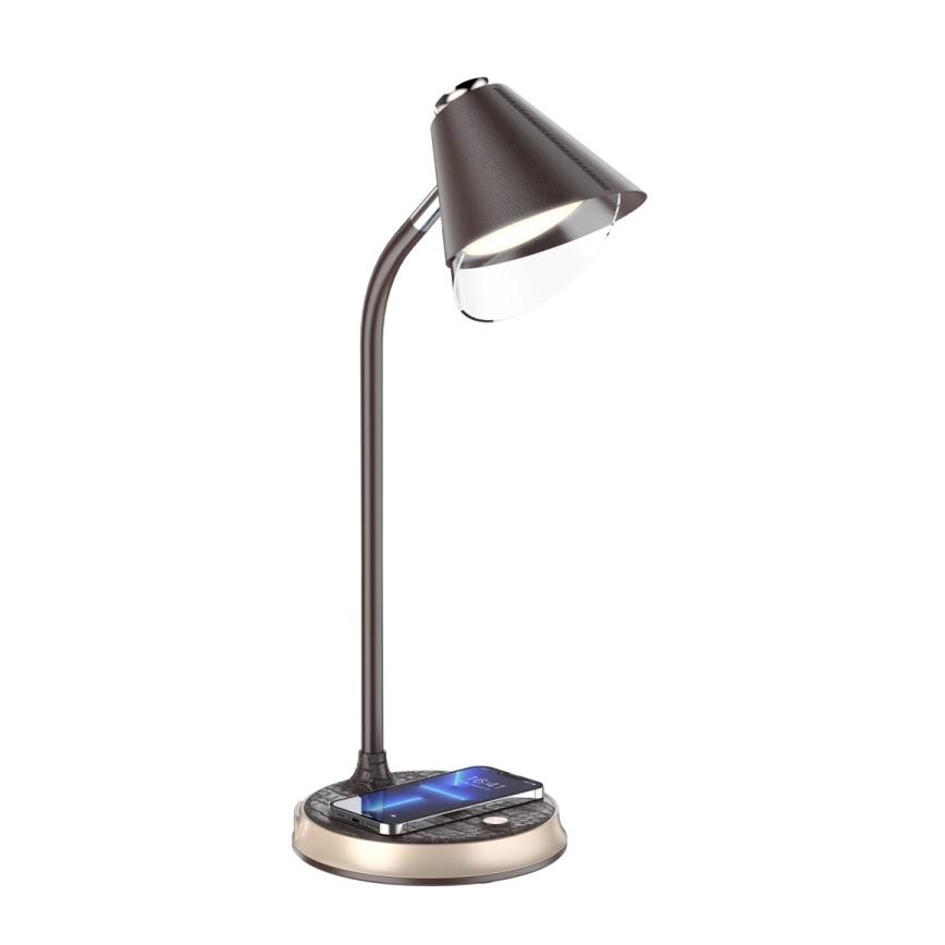 Lámpara de mesa LED regulable con cargador inalámbrico FINCH LED/9W/12/230V marrón/dorado