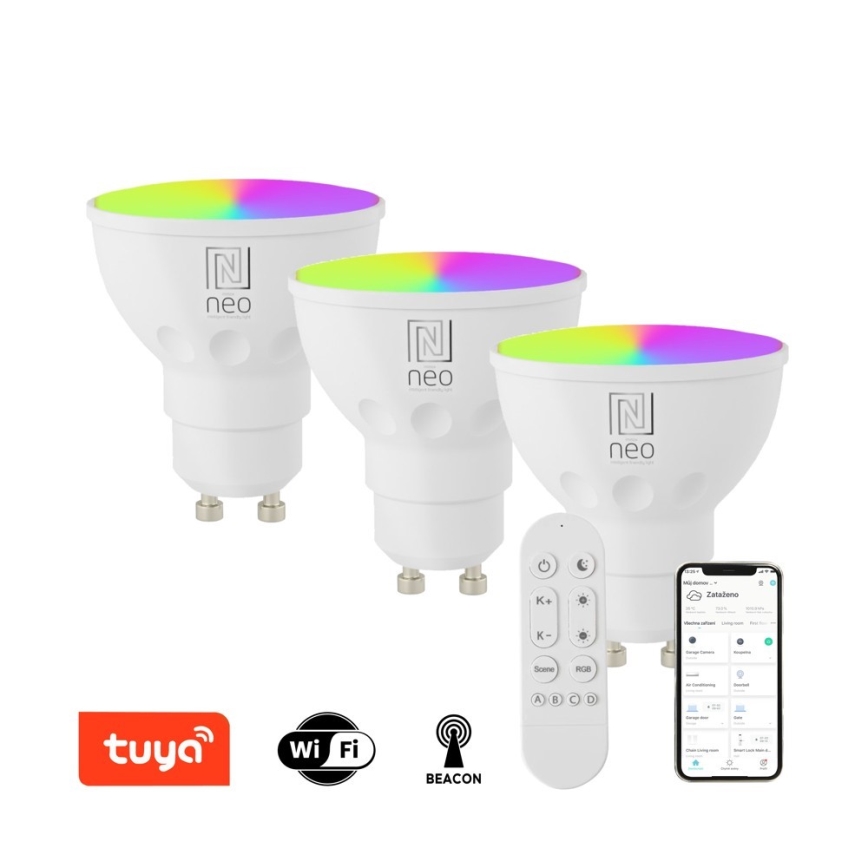 Immax NEO 07724CDO - SET 3x LED RGB+CCT Bombilla regulable GU10/6W/230V 2700-6500K Wi-Fi Tuya + control remoto