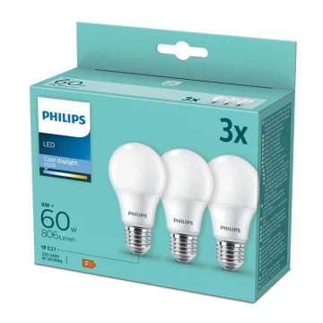 JUEGO 3x Bombilla LED Philips A60 E27/8W/230V 6500K