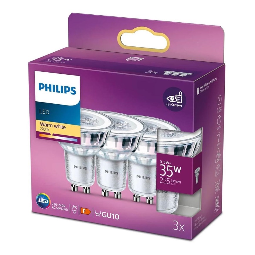 JUEGO 3x Bombilla LED Philips GU10/3,5W/230V 2700K