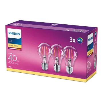 KIT 3x Bombilla LED Philips E27/4,3W/230V 2700K