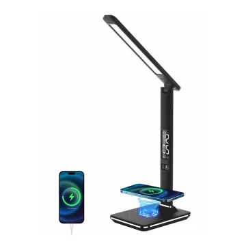 Lámpara de mesa LED regulable con cargador inalámbrico QI y USB KINGFISHER LED/8,5W/230V negro