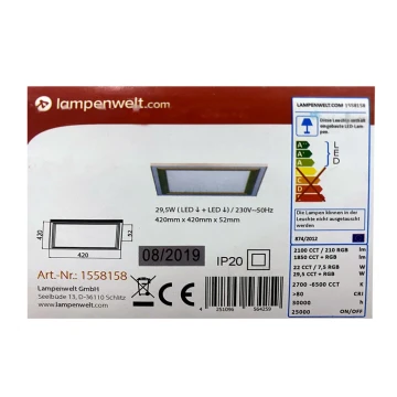 Lampenwelt - Plafón LED RGBW Regulable LYNN LED/29,5W/230V 2700-6500K + mando a distancia