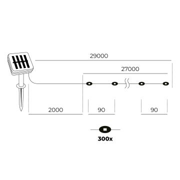 LED - Cadena solar 300xLED/0,12W/1,2V 1xAA 27 m IP44 3000K