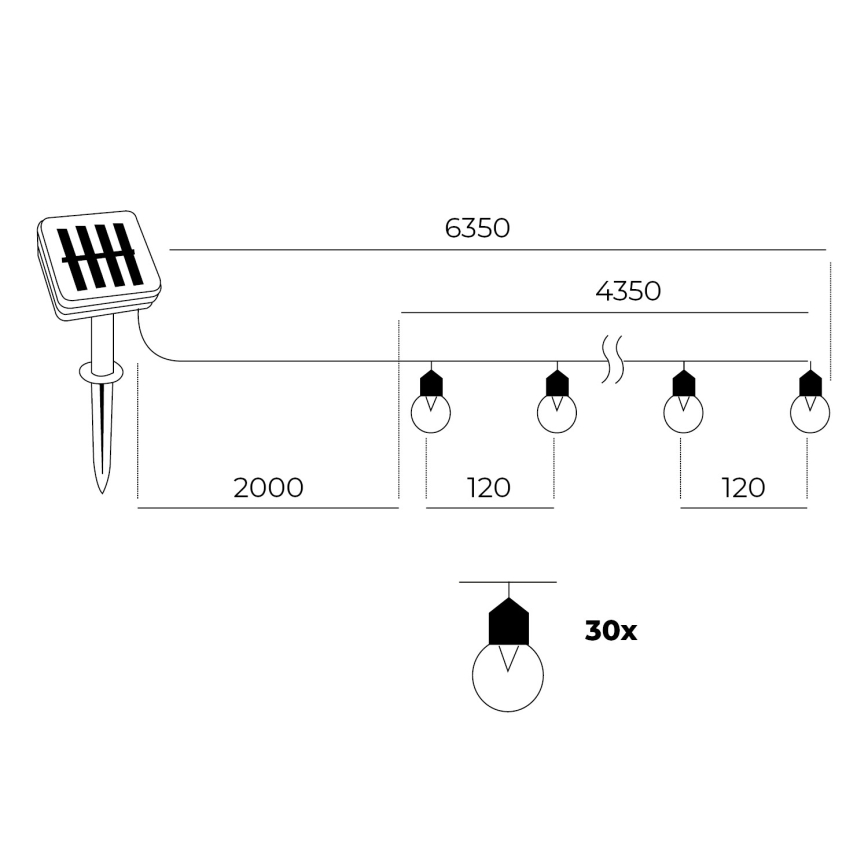 LED - Cadena solar 30xLED/0,12W/1,2V 1xAA IP44 3000K