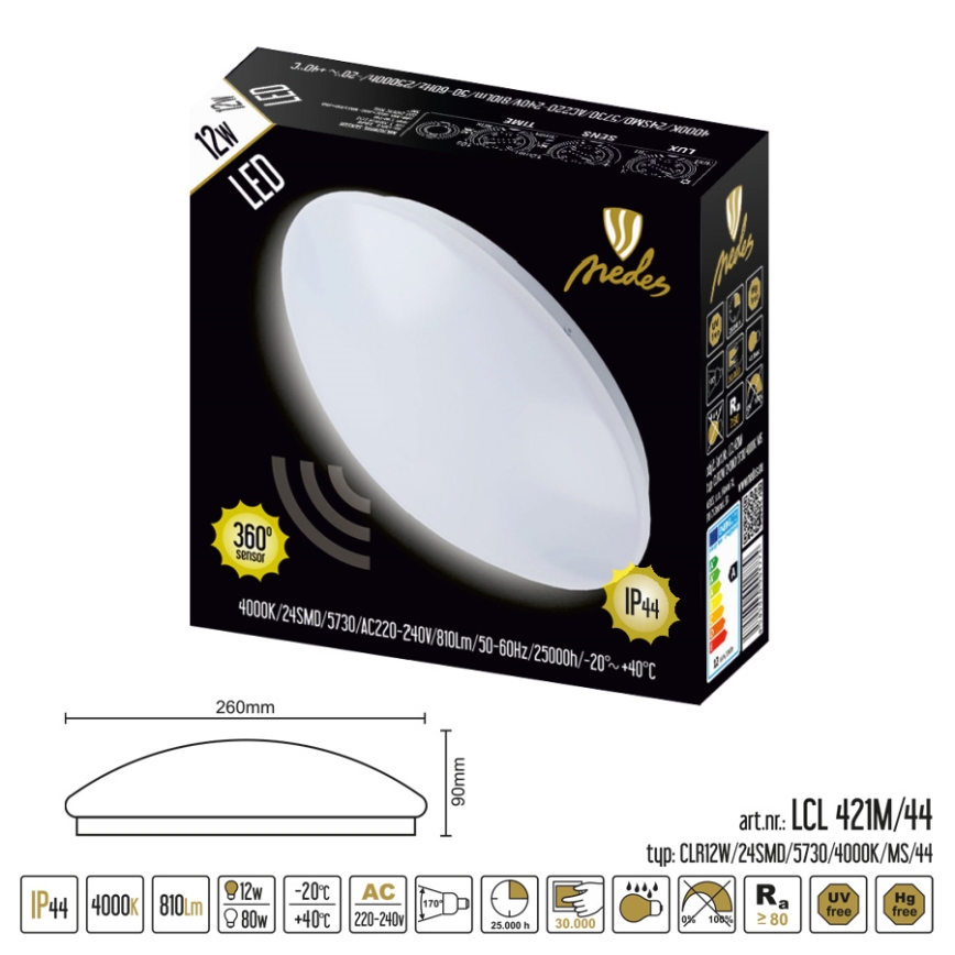 LED Plafón para el baño LED/12W/230V con sensor IP44